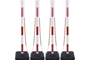 OranLite 4 Pack Red White Portable Work Zone Chain Post Set, Premium Crowd Control Stanchion Sets, 40" H Traffic Delineator Post Cones with Heavy Rubber Base, 80" Plastic Chain Barriers
