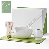 ZENS Matcha Whisk Set, 5pcs Matcha Kit Set Includes Ceramic Bowl, Bamboo Whisk and Chasen Holder, Scoop & Tea Mat，Matcha Tea ceremony Gift for Matcha Lovers, White