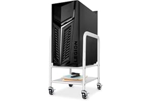 360Tronics Computer Tower Stand White, 2-Tier Height Adjustable Desktop PC Stand for Carpet, Mobile Tower Cart Under Desk, Full Metal Rolling CPU Holder with 360° Locking Wheels for Office Home