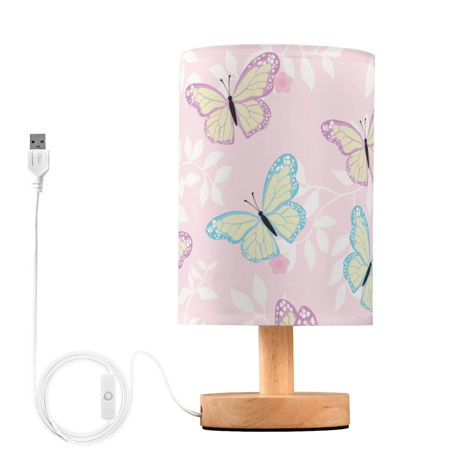 Photo 1 of ALAZA Bedside Table Lamp Cute Butterfly Pink Flower Lamp for Girls Boys Bedroom with USB Port LED Kids Nightstand Lamp Wood Base Desk Living Room Decor