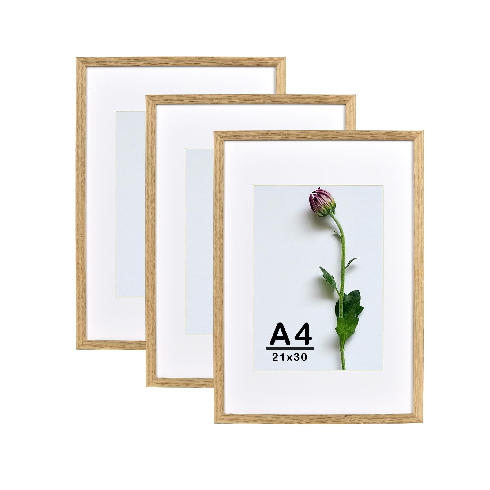 Atryinous Photo Frame A4 21 x 30 cm Oak Wood Frame with plexiglass, mounts A5 15 x 21 cm pictures, for hanging/place for certificates/posters/collages Set of 3