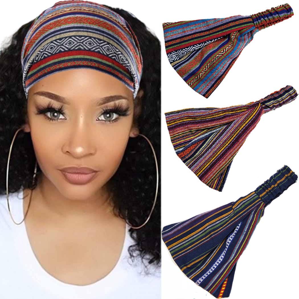Generse Boho Headbands Elastic Wide Hair Bands Yoga Turban Headband Stripe Twist Head Wraps for Women and Girls 3Pcs