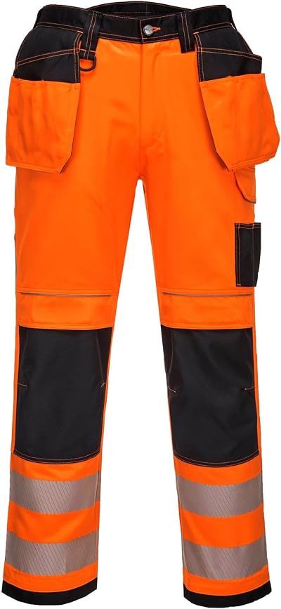 Portwest T501 Mens PW3 Hi Vis Work Trousers Orange/Black Size 34 Safety Holster