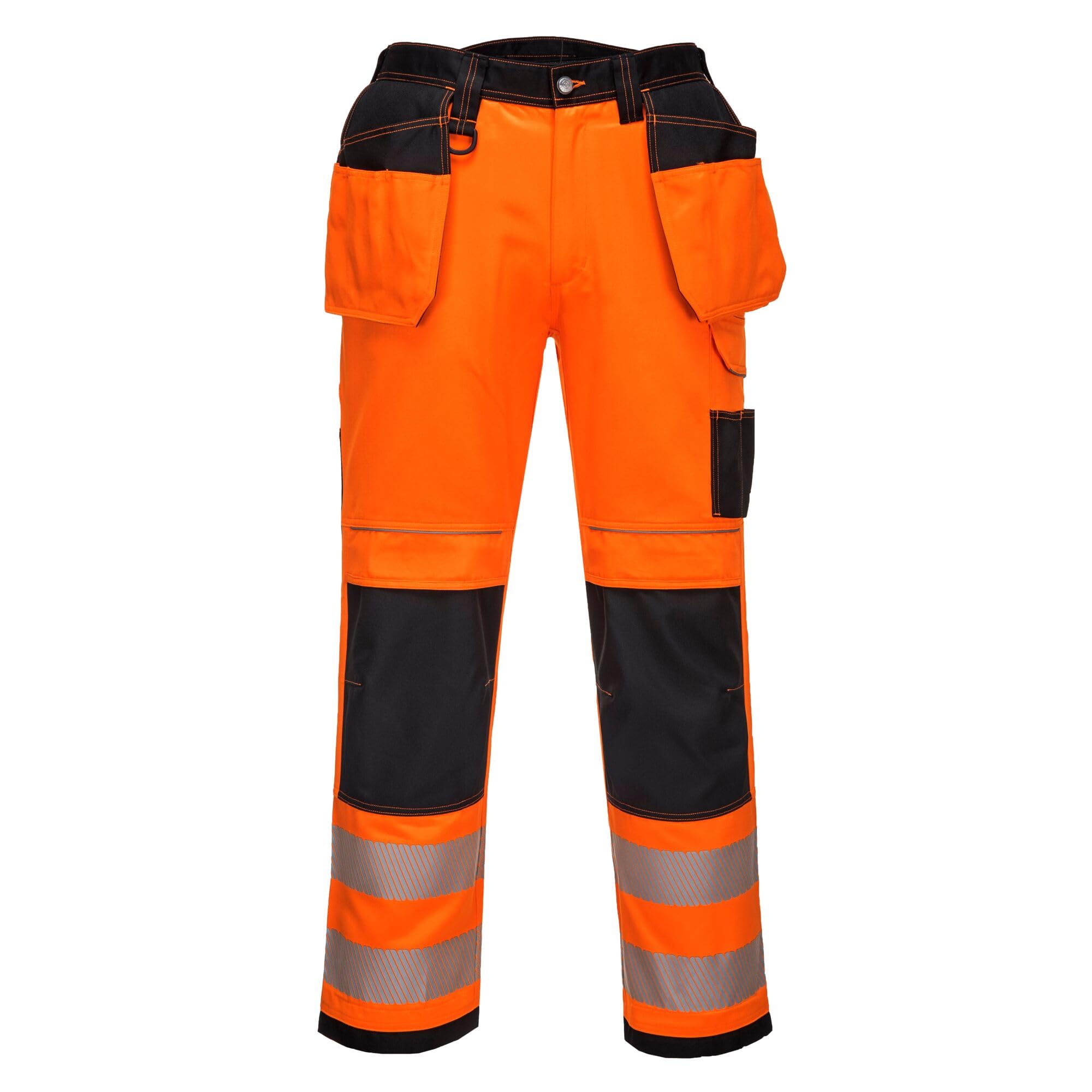 Portwest T501 Mens PW3 Hi Vis Work Trousers - Holster Pocket Workwear Safety Construction Trousers Orange/Black Short, 30