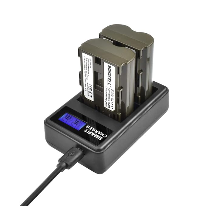 Bonacell 2X Akku für Canon BP-511 Kamera Ersatzakku 2200mAh und (1) Dual Port USB Ladegerät Set Kompatibel mit Canon EOS 10D,