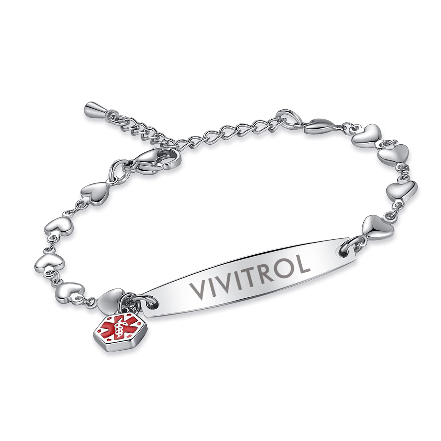 LinnaLove Free Engraving Medical Alert ID Bracelet for Women Fashion Heart Chain Medical Jewelry-Vivitrol
