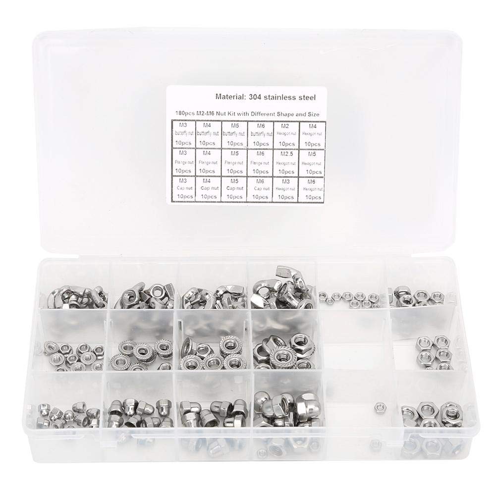 180PCS Nut Assortment Tool Kit Stainless Steel Nuts Kit Wing Flange Cap Hex Nuts Screws Repairing Tool M2 M2.5 M3 M4 M5 M6