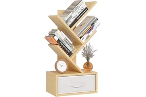 SHEEPAM Small Book Shelf with Drawer,4 Tier Black Tree Bookshelf,Wooden Desktop Bookcase,Modern Desk Display Storage Bookshelves,Floor Standing Organizer Bookcases for Living Room,Bedroom,Office