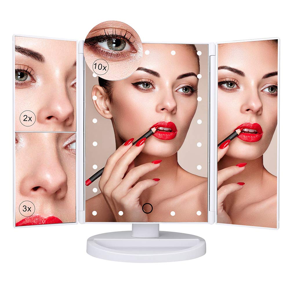 PUVLISZ Vanity Cosmetic/Makeup Mirror with 22 LED Lights, Touch Screen, Magnification Tri-Fold 2X 3X Magnifying, 180° Free Rotation, Dual Power Supply White