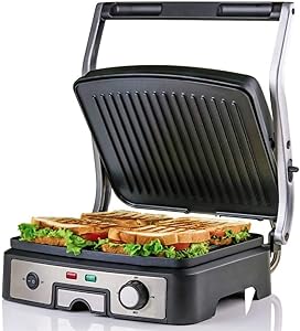Ovente Electric Panini Press Grill Bread Toaster Nonstick Double Sided Flat Plates with 3 Temperature Setting & Removable Drip Tray, 4 Slice Sandwich Maker for Burger & Grilled Cheese, Silver GP1861BR