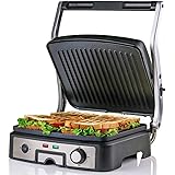Ovente Electric Panini Press Grill Bread Toaster Nonstick Double Sided Flat Plates with 3 Temperature Setting & Removable Dri