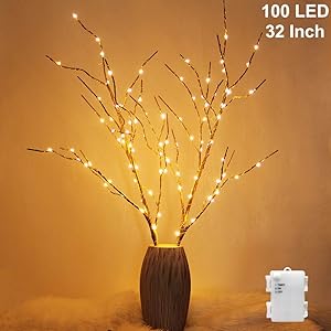 Twinkle Star 100 LED Lighted Golden Tree Branches 2 Pack Artificial Branches Waterproof Battery Operated with Timer for Indoor Outdoor Christmas Wedding Party Home Decoration (Vase Excluded)