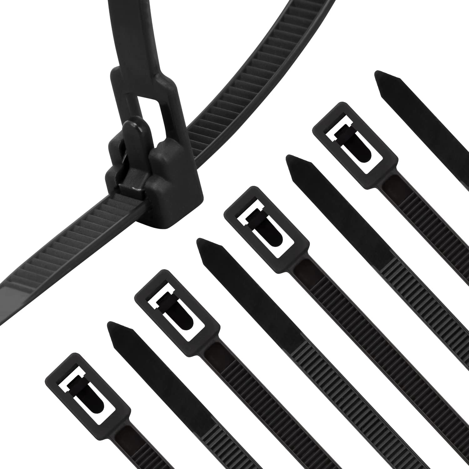 XINGO 100PCS Releasable Cable Zip Ties Adjustable Wire Cable Ties, Reusable Zip Ties Tie Straps for Multi-Purpose Use Indoor and Outdoor Plastic Tie Wire (400mm x 7.6mm, Black)