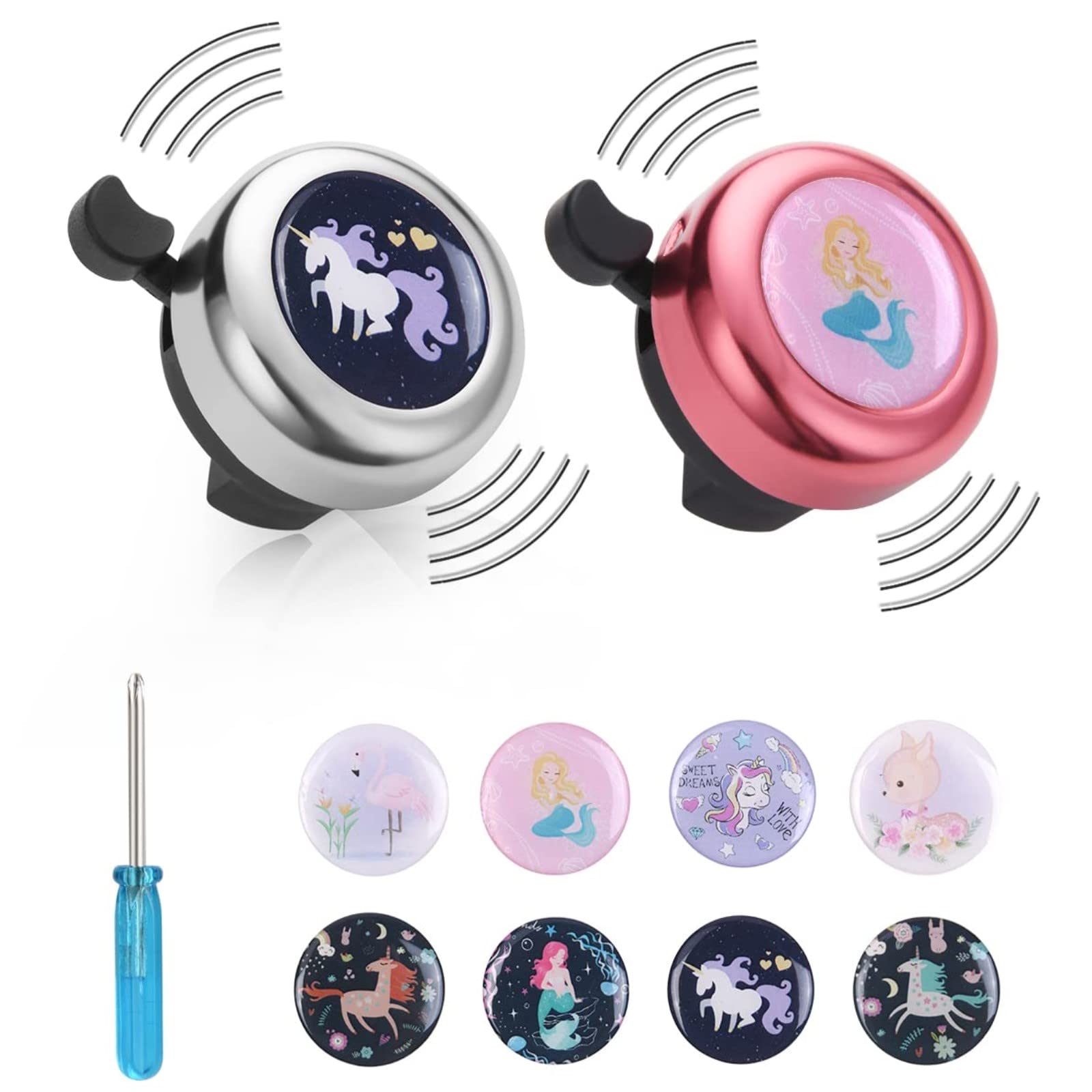 Flintronic Kids Bicycle Bell - 2 Pack with Loud Crisp Clear Sound, Road and Mountain Bike Ring Bell Accessories with 8Pcs Stickers - Gift for Kids Boys Girls