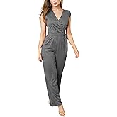 HugeNice Women's Casual Jumpsuits Sexy Wrap V Neck Belted Loose Wide Leg Long Pants Clubwear Romper