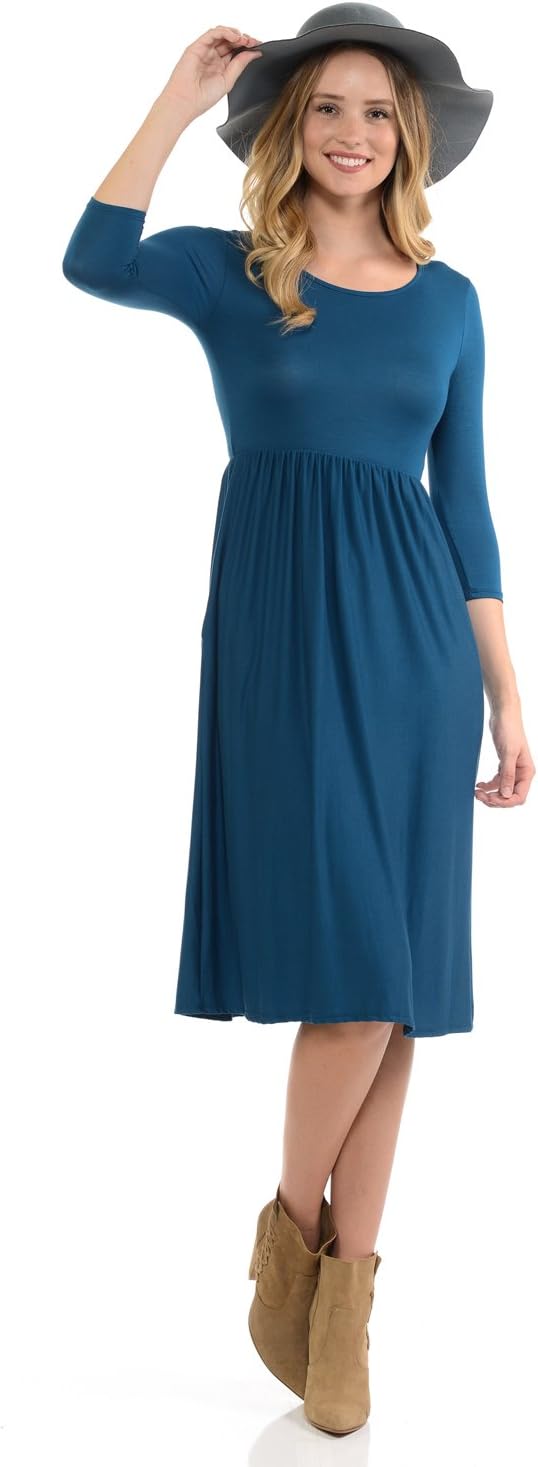 Women's Fit and Flare Midi Dress with Pockets in Solid and Floral - Made in USA