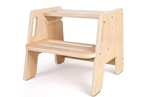 WOODURE Toddler Step Stool, Wooden Height-Adjustable 2-Step Stool for Kids, Potty Training Stool with Handles for Bathroom Sink, Kitchen, Bedroom