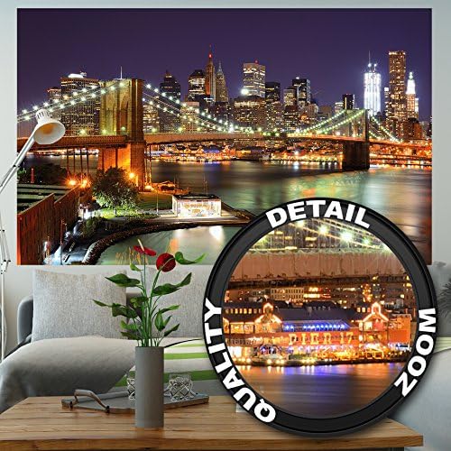 Photo Wallpaper โ Brooklyn Bridge at Night โ Picture Decoration New York City Illuminated Skyscraper Skyline Wall Street America USA Image Decor Wall Mural (82.7x55.1in - 210x140cm)