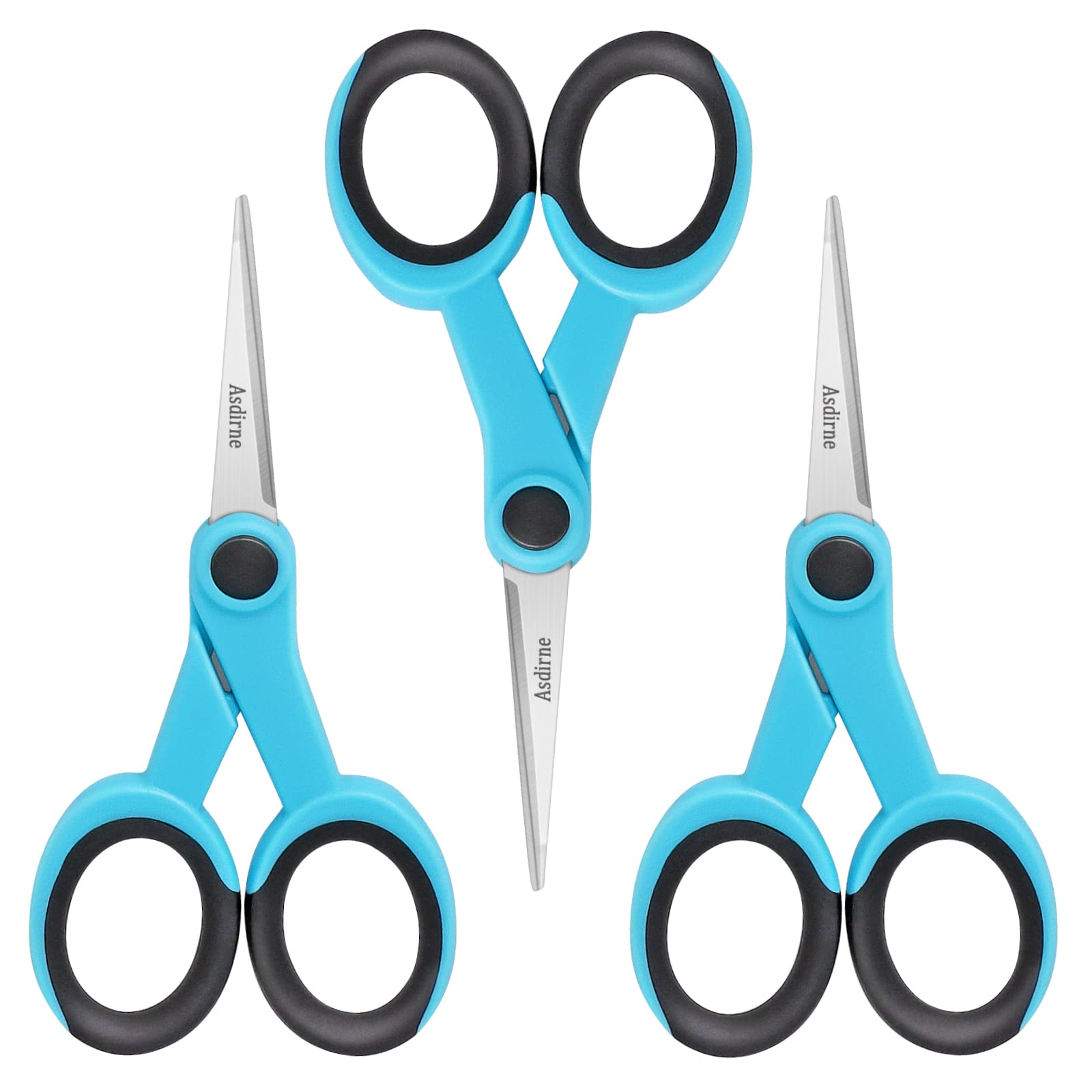 Asdirne 5” Detail Scissors, Embroidery Scissors with Sharp Stainless Steel Blade and Soft Handles, Great for Sewing, Craft, Office and School, 3 Pcs, Blue/Black