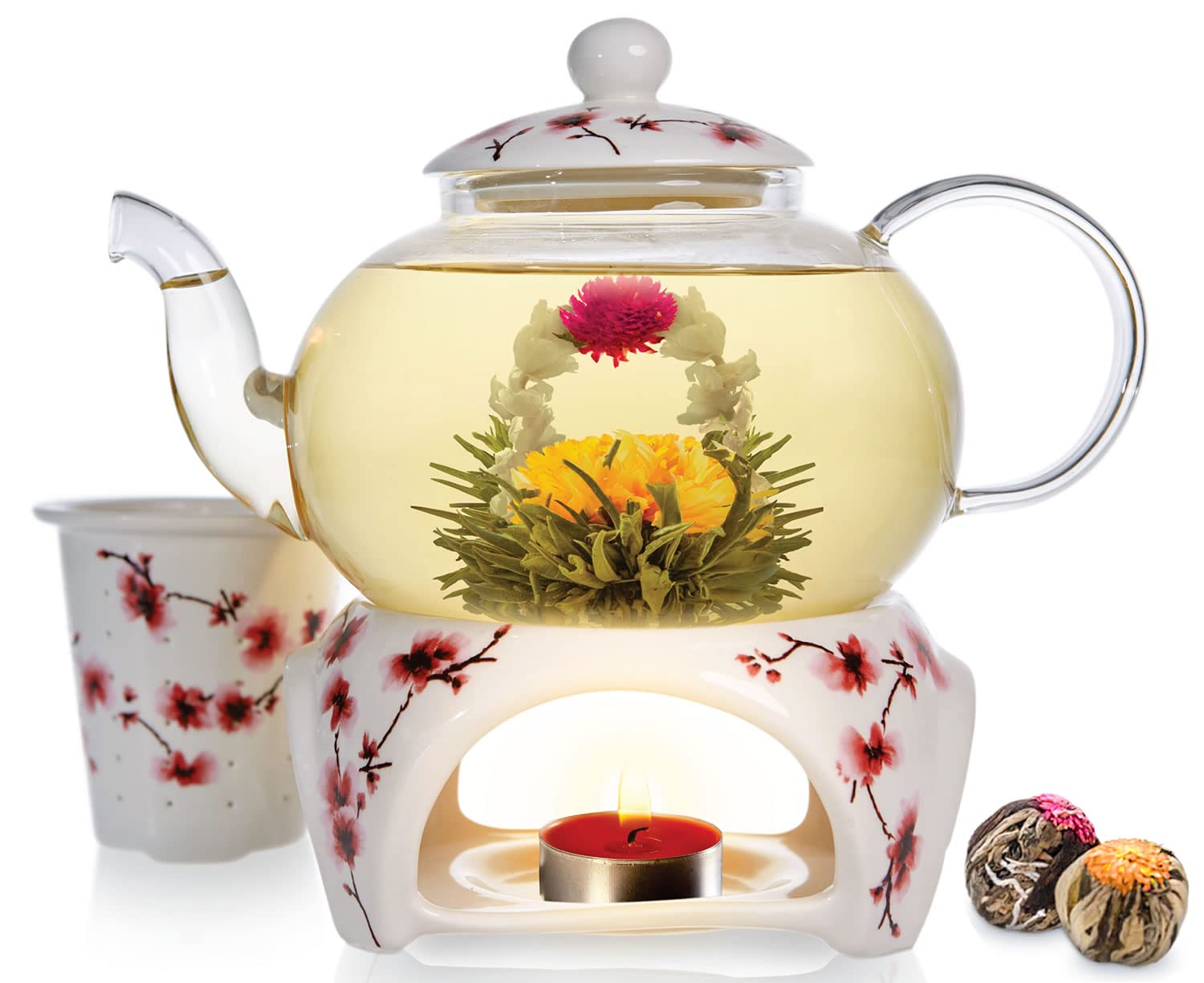 Teabloom Cherry Blossom Teapot & Flowering Tea Gift Set (6 Pieces) - Stovetop Safe Glass Teapot (27 oz / 800 ml), Porcelain Lid, Teapot Warmer, Porcelain Loose Tea Infuser + 2 Gourmet Flowering Teas