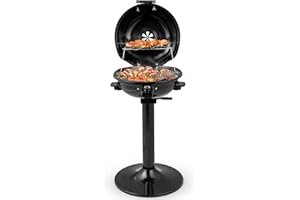 HAPPYGRILL 1600W Electric Grill Outdoor, Portable BBQ Grill with Warming Tray, Removable Non-Stick Grill Rack, Adjustable Temperature& Oil Drip Tray for Patio, Camping, Picnic (Balck)