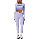 AGYMNX 2 Piece Workout Sets for Women Seamless High Waist Flare Leggings Yoga Long Sleeve Cutout Crop Tops Athletic Sets