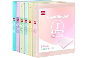 Deli 1-inch 3 Ring Binder with 2 Interior Pockets, 175 Sheets Capacity, 1 inch Binders fits 11" x 8.5" US Letter Size, Assorted 6 Pastel Colors, 6 Pack