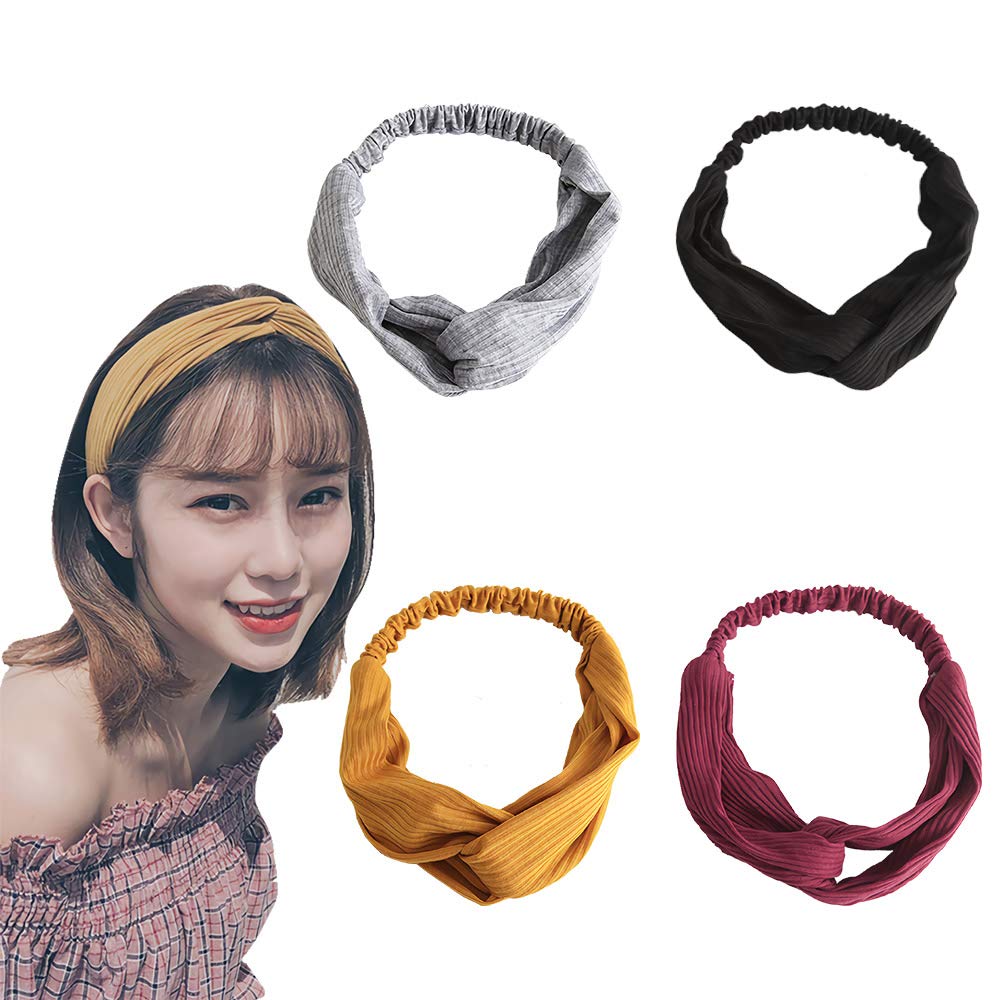 4 Pack,Cute Headbands for Women,Girls Knotted Headband,Workout Nylon Hair Bands,SPA Head Wraps,BOHO Floral Cloth Bandana Headwraps,Washing Face,Makeup,Yoga,Sports Non Slip (Black,Grey,Yellow,Red)
