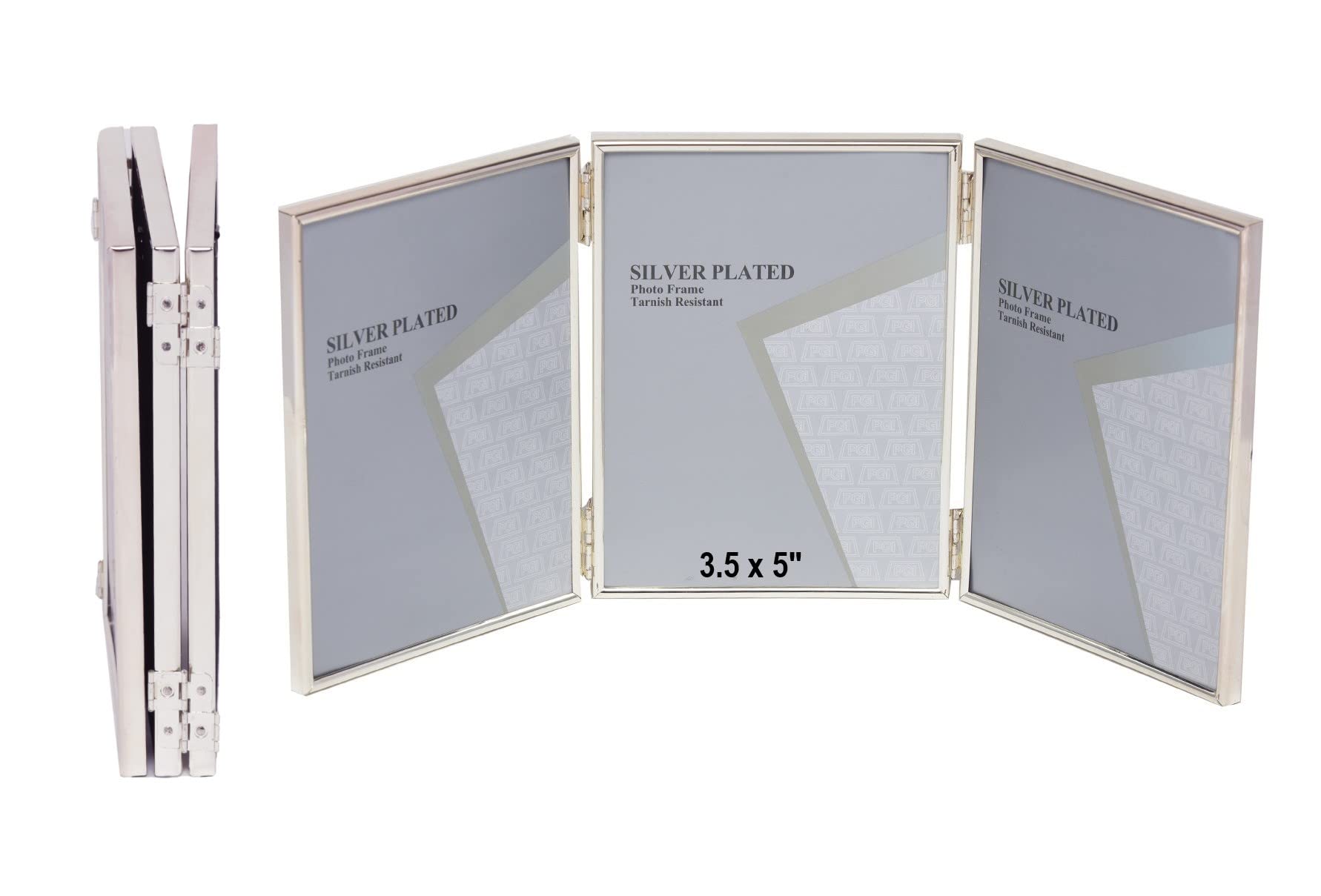 3.5 x 5-inch Silver Thin Edge TRIPLE PORTRAIT Photo Frames with hooks, can stand and hang - Velveteen Backing - Tarnish Resistant (3.5 x 5-inch)