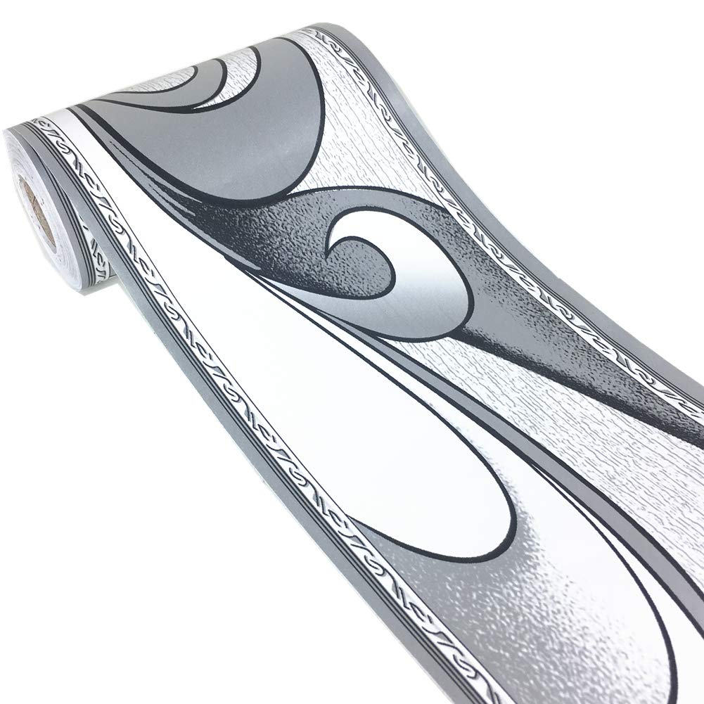 WDragon Silver Grey Wave Toteml Wallpaper Border Peel Stick Wall Decal Sticker Bathroom Kitchen Ceiling Backsplash Tiles Border,Waterproof Removable 10cm by 10meters