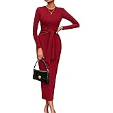 PRETTYGARDEN Women's 2025 Wedding Guest Midi Dresses Semi Formal Long Sleeve Bodycon Tie Waist Cocktail Fall Fashion Clothes