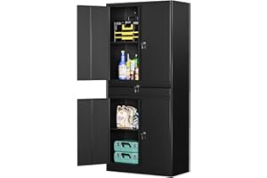 MIIIKO Metal Storage Cabinet with Drawer, Black Garage Cabinet with 4 Doors and Shelves, Locking Tool Storage Cabinet for Garage, Basement, Pantry, Warehouse and Home Office