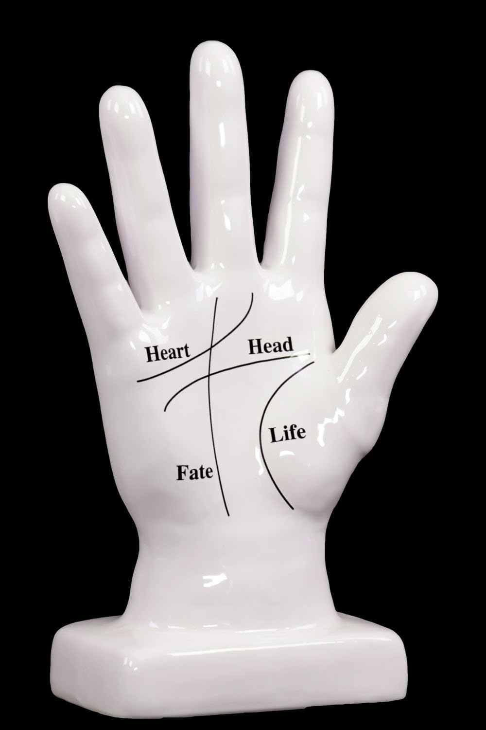 UTC40058 Ceramic Palmistry Hand Sculpture on Base with Printed Line Diagram Gloss Finish White