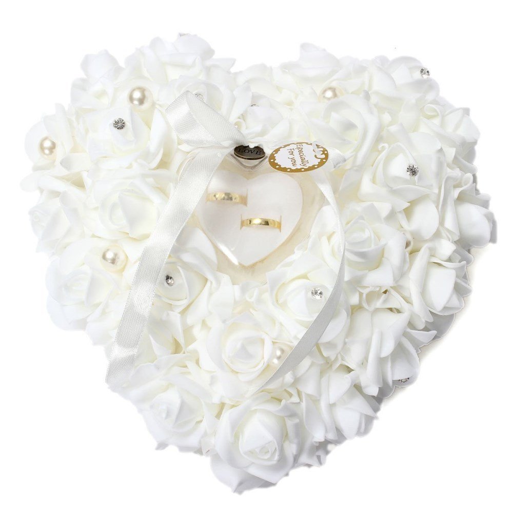 Photo 1 of HONEYGIFTS Wedding Ring Pillow, Irovy Ring Bearer Holder Pillows Heart Shape Rose Lace Cushion for Wedding Party Anniversary Ceromony