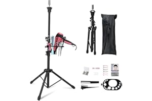 Klvied Wig Stand Tripod Upgraded, Mannequin Head Stand Double Locking, Reinforced Metal Wig Head Stand with Tool Tray, Black (53.5 Inches)