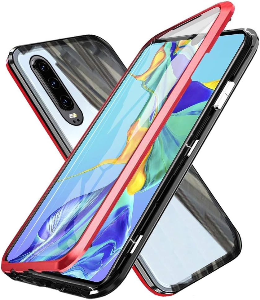 Fvntuey Compatible with Huawei P30 Lite/Nova 4e [Magnetic Adsorption Case] Metal Frame Clear Slim Fit [Ultra-Thin] Shell Tempered Glass Double Cover 360° Bumper Lightweight Cover for P30 Lite(Red)