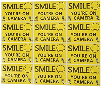 Outdoor/Indoor (12 Pack) 3.54" wide X 2.24" high Home Business SMILE YOU'RE ON CAMERA Yellow Window Door Warning Security Alert Sticker DecalsBack Self Adhesive Vinyl
