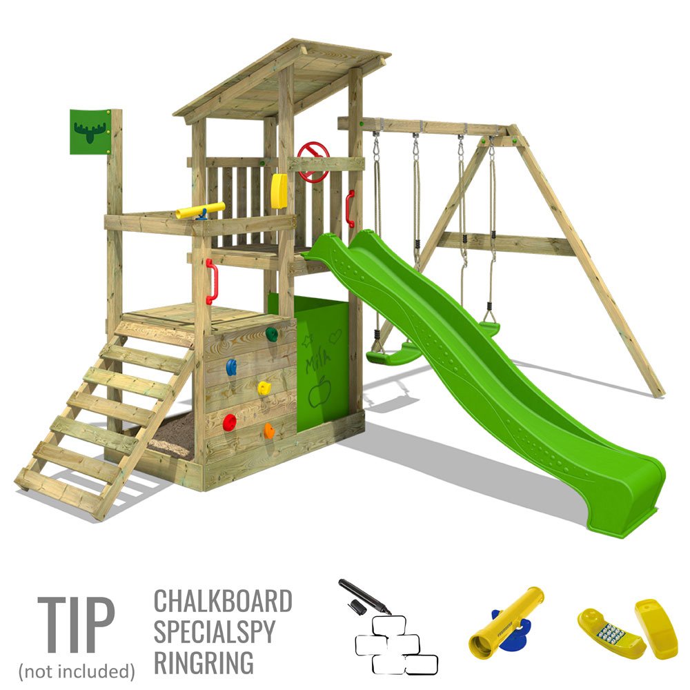 FATMOOSE Parco giochi in legno FruityForest Fun XXL Torre di FATMOOSE Parco giochi in legno FruityForest Fun XXL Torre di arrampicata su 3 livelli con tetto in legno spiovente altalena 2 posti e scivolo Amazon