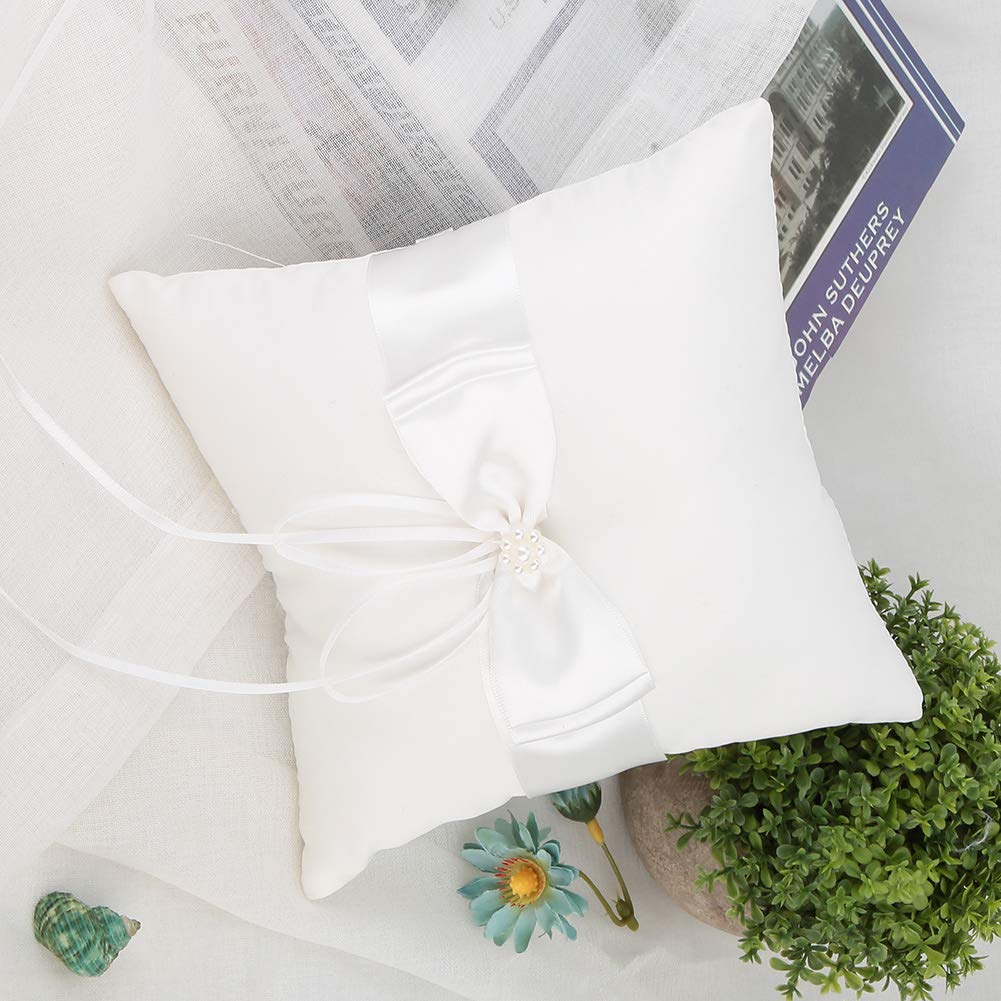 AUNMAS White Satin Bowknot Bearer Holder Pillows with Simulation Pearl Wedding Pillow Wedding Engagement Party Accessories(2#)