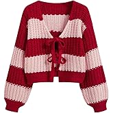 GORGLITTER Women's Chunky Knit Cardigan Bow Tie Front Color Block Long Sleeve Trendy Cardigans Sweaters