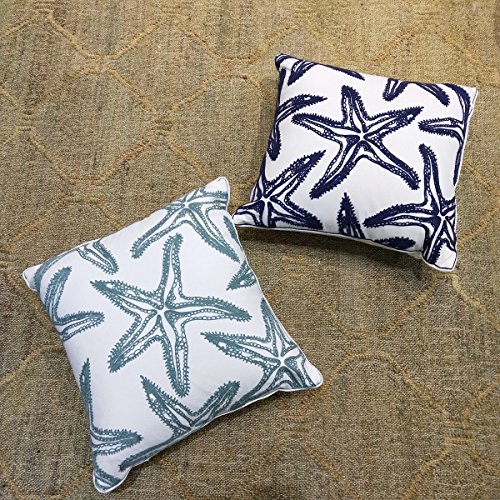 Only Cover,FINOHOME Embroidery Lake Blue Starfish Throw Pillow Cover,Ocean Series Nautical Decorative Pillow Case…