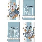 Artoid Mode Blue Stripes Polka Dot Pumpkin Fall Kitchen Towels Dish Towels, 18x26 Inch Farmhouse Maple Leaves Autumn Decoration Hand Towels Set of 4