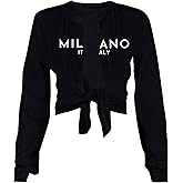 Sexy Tie-Front Tops for Women Clubwear Long-Sleeve Milano Graphic Crop Top Deep V-Neck T-Shirts Trendy