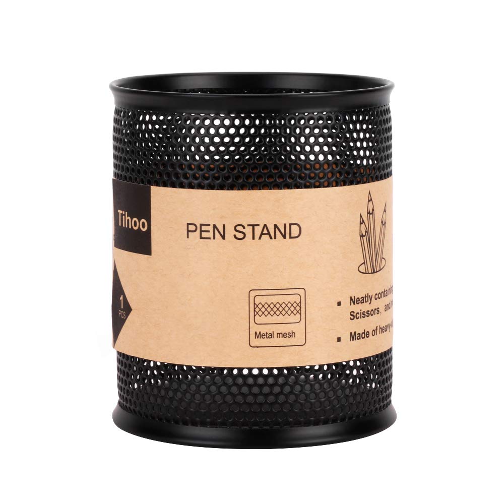 Tihoo Pencil Holder for Desk, Metal Office Desk Pen Pot, Simple Wire Mesh Pen Cup Organizer Stand, Modern Design, Black