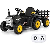 DORTALA Kids Ride on Tractor with Trailer (Black) | 12V Battery Powered Electric Vehicle with Remote Control, Music, USB &amp; Audio Functions, 3-Gear-Shift Ground Loader