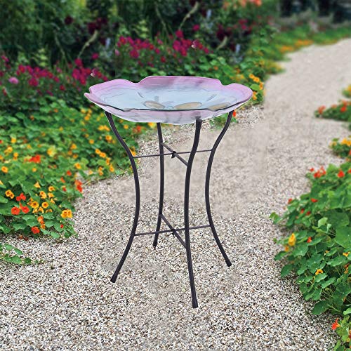 Peaktop 3211411 Garden Handpainted Floral Fusion Glass Birdbath with Metal Stand, 21.2" Height, Blue and Purple - Thumbnail 2