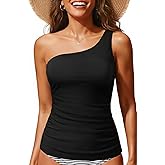 Tempt Me Tankini Tops for Women One Shoulder Swim Swimsuit Top Only Ruched Tummy Control Bathing Suit