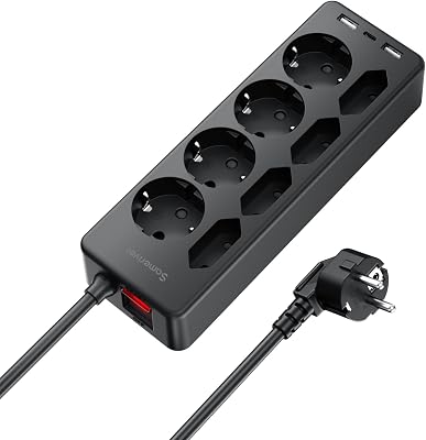 Ciabatta Elettrica Multipresa USB, 8 prese di Corrente e 3 USB, Striscia di Alimentazione Protetta da Sovratensione, presa di da 2 M con Interruttore per Scrivania, Ufficio, Casa, Nero F(Schuko)