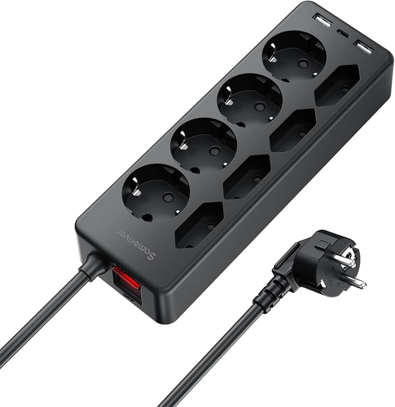 Ciabatta Elettrica Multipresa USB, 8 prese di Corrente e 3 USB, Striscia di Alimentazione Protetta da Sovratensione, presa di da 2 M con Interruttore per Scrivania, Ufficio, Casa, Nero F(Schuko)