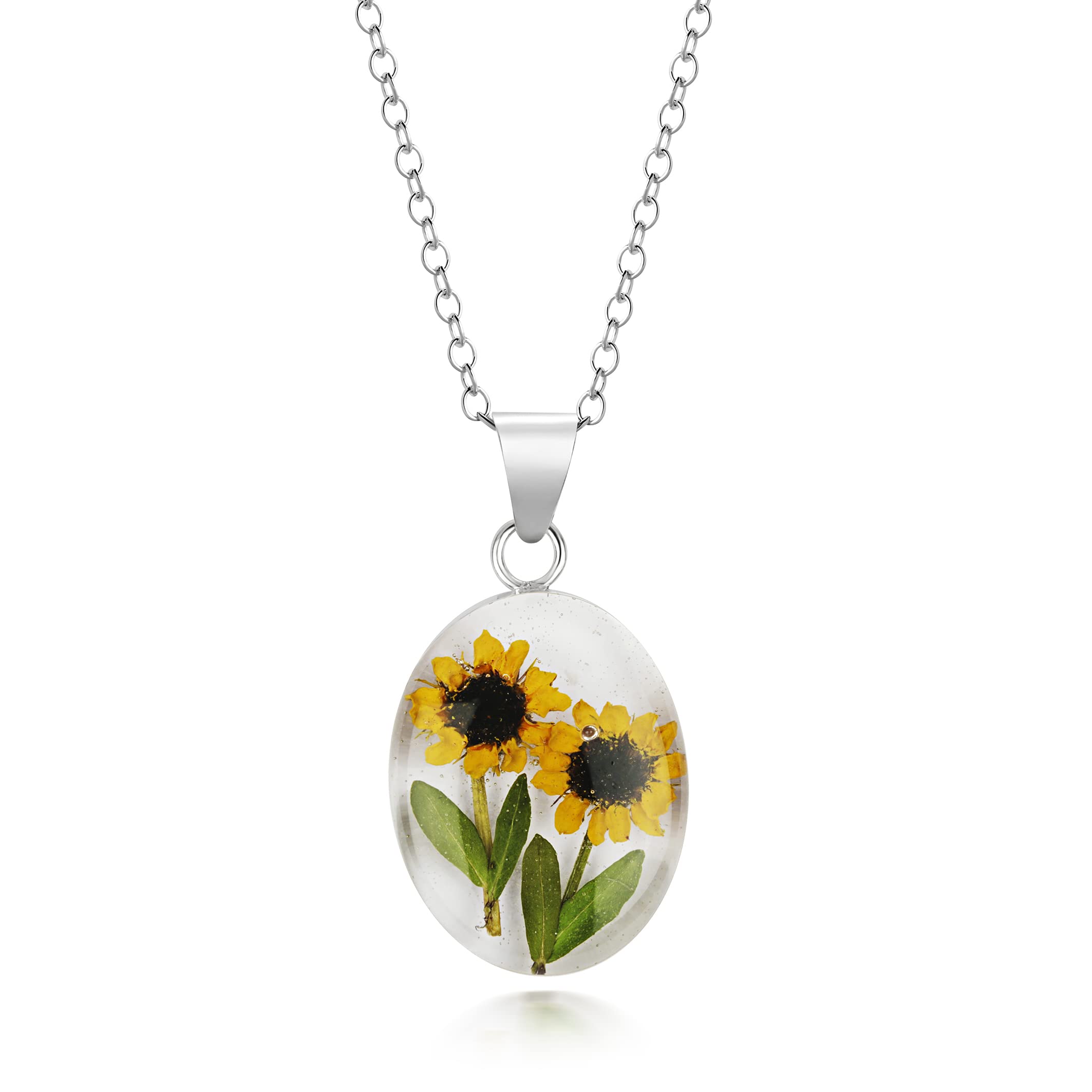 Natural Flower Jewellery Sunflower Oval Pendant medium Made with Two Real Sunflowers and set in Sterling silver and resin